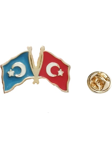 Doğu Türkistan Türkiye Flamalı Gold Renk Metal Yaka Rozeti 1 Paket 12'li modelleri