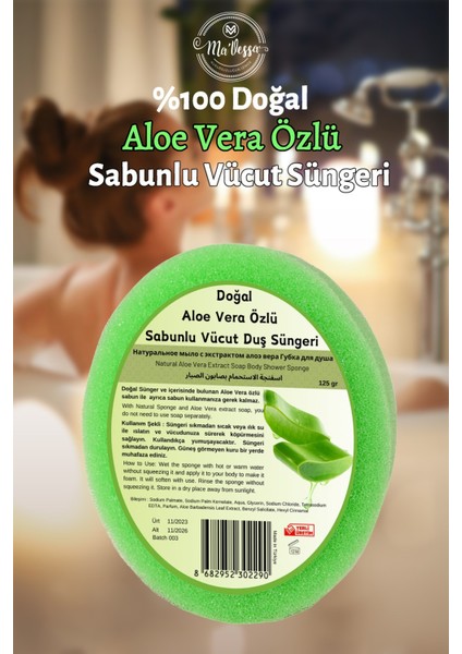 Doğal Aloe Vera Özlü Süngerli Sabun, Aloe Vera Özlü Sabunlu Vücut Duş Süngeri, Banyo Lifi 125 gr