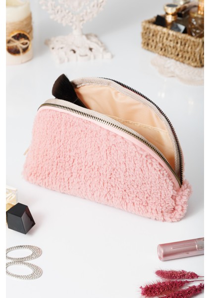 Pembe Peluş Makyaj Çantası Kozmetik Kişisel Bakım Organizer Çanta