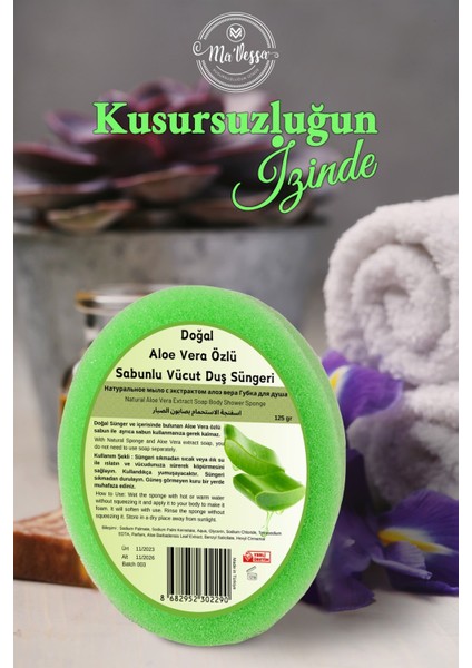 Doğal Aloe Vera Özlü Süngerli Sabun, Aloe Vera Özlü Sabunlu Vücut Duş Süngeri, Banyo Lifi 125 gr