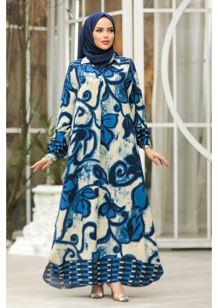 Çiçek Desenli Indigo Mavisi Tesettür Elbise 23171IM
