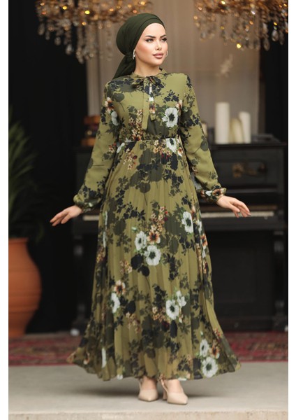 Çiçek Desenli Haki Tesettür Elbise 22352HK
