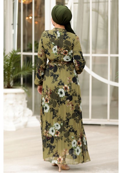 Çiçek Desenli Haki Tesettür Elbise 22352HK