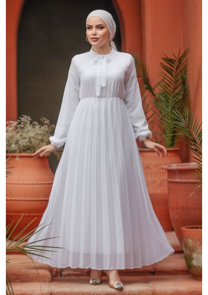 Yakası Bağlamalı Beyaz Tesettür Elbise 50351B