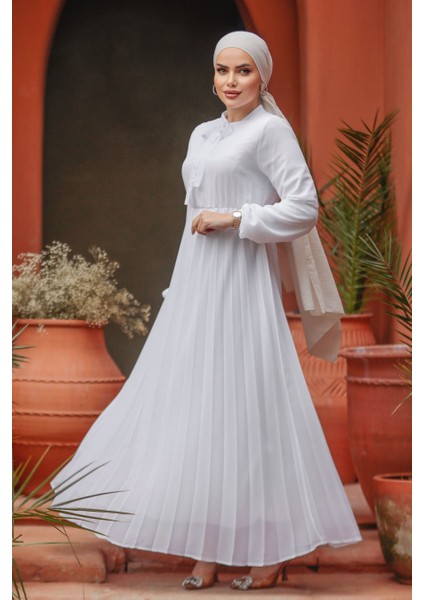 Yakası Bağlamalı Beyaz Tesettür Elbise 50351B fiyatları