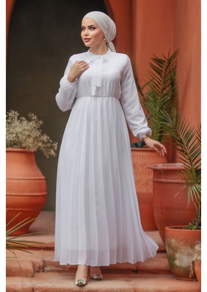 Yakası Bağlamalı Beyaz Tesettür Elbise 50351B modelleri