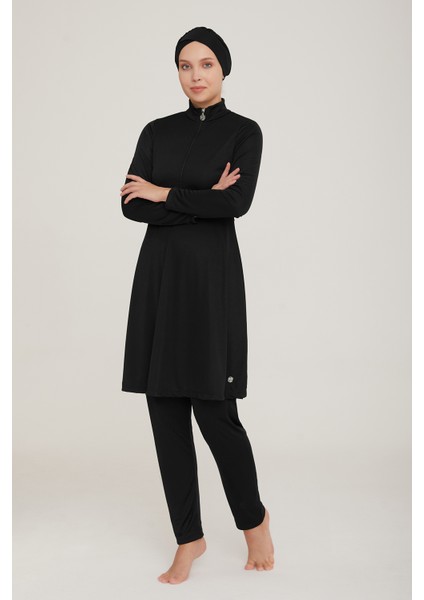 Likralı Tam Kapalı Tesettür Mayo Maysız Düz 9020 Siyah Remsa Mayo