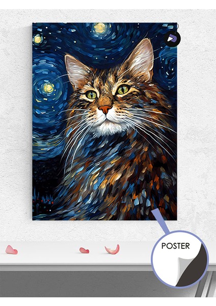 Van Gogh Tarzı Maine Coon Kedi Hayvan Poster - Afiş - Dekoratif Duvar Posteri