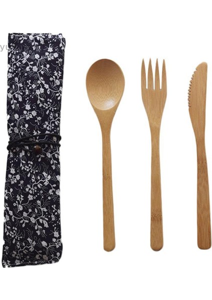 [etop] 4 Parçalı Set Retro Taze Sofra Bambu Çiçek Çanta Çanta Kaşık Çatal Dilim Seti Sağlıklı Beslenme Sofra Takımı (Yurt Dışından)