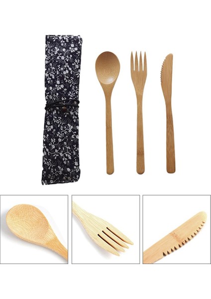 [etop] 4 Parçalı Set Retro Taze Sofra Bambu Çiçek Çanta Çanta Kaşık Çatal Dilim Seti Sağlıklı Beslenme Sofra Takımı (Yurt Dışından)