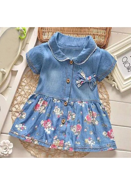 Kızlar Çiçek Baskı Ilmek Kısa Kollu Prenses Denim Elbise Kıyafeti (Yurt Dışından)