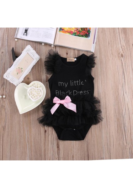 Tulum Kız Elbise Benim Küçük Siyah Elbise Yay Dantel Kısa Kollu Sevimli Pamuk Tulum Kıyafetler Kız Giyim (Yurt Dışından)
