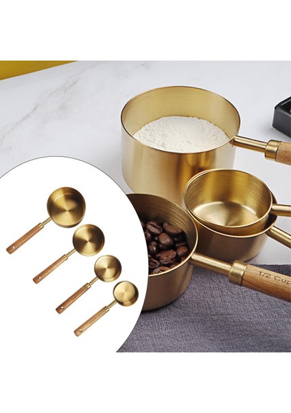 4 Parça Paslanmaz Çelik Ölçme Kabı Kaşık Seti Ahşap Saplı Ölçme Kabı (Yurt Dışından)