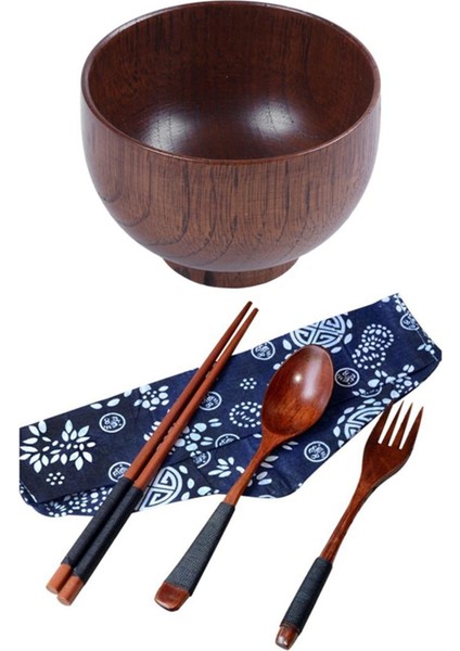Nyt 1 Adet Ahşap Kaseler Ahşap Çorba Kasesi ve 1 Takım Japon Vintage Ahşap Çubuklarını Kaşık Çatal Sofra (Yurt Dışından)