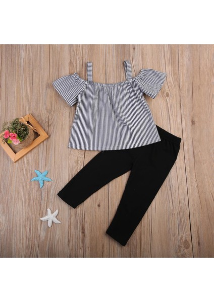 Çocuk Yürümeye Başlayan Bebek Kız Kapalı Omuz Üstleri T-Shirt Çizgili Baskı Üstleri Gömlek Pantolon Uzun Kıyafet Elbise Setleri (Yurt Dışından) modelleri