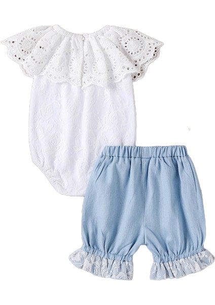 Iki Parçalı Kız Çocuk Giysileri Taze Düz Renk Fırfır Yuvarlak Yaka Romper ve Dantel Dikişli Kot Şort (Yurt Dışından)