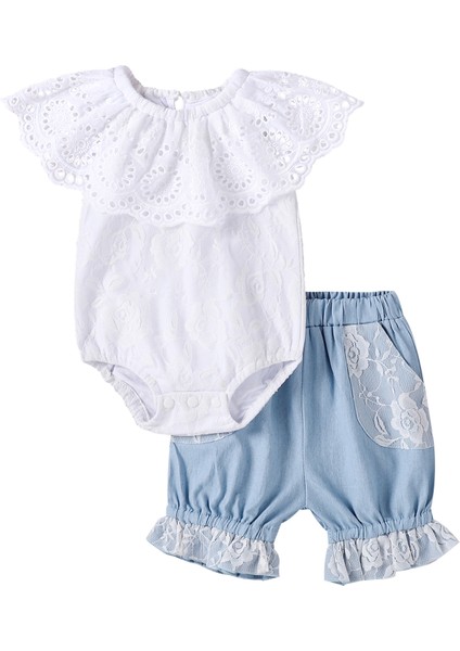 Iki Parçalı Kız Çocuk Giysileri Taze Düz Renk Fırfır Yuvarlak Yaka Romper ve Dantel Dikişli Kot Şort (Yurt Dışından) fiyatları