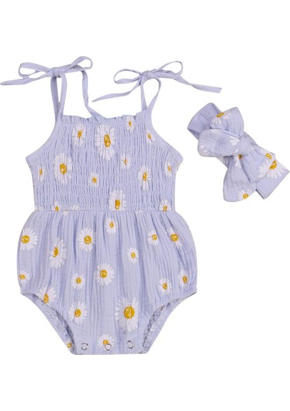 2 Adet Yenidoğan Papatya Baskı Kıyafetleri, Kız Bebek Önlüklü Kravat Tekne Boyun Spagetti Kayışı Romper + Kafa Bandı (Yurt Dışından)