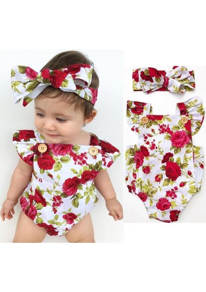 2 Adet Bebek Seti Yenidoğan Bebek Kız Giysileri Fly Kollu Çiçek Düğmesi Pamuk Tulum Bebek Giysileri Set 0-24 M (Yurt Dışından)