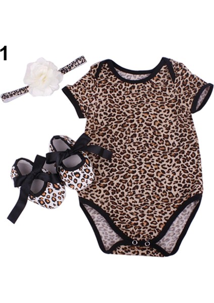 3 Adet Yenidoğan Bebek Çiçek Leopar Yıldız Romper Bodysuit Kafa Bandı Ayakkabı Seti (Yurt Dışından)