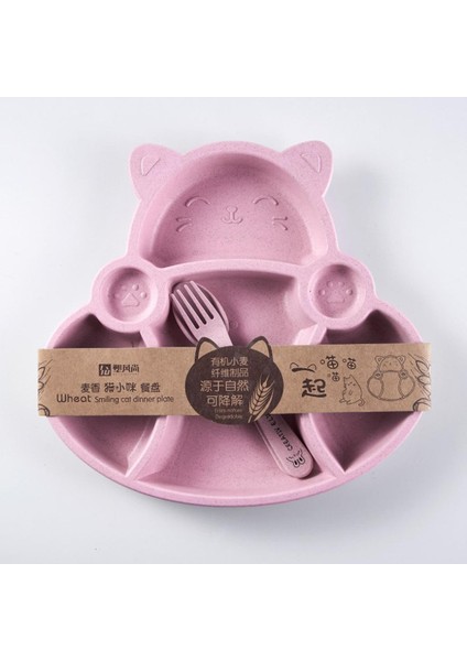 [happier] 3 Adet Çocuklar Karikatür Kedi Yemekleri Plaka Seti Buğday Samanı Katı Gıda Besleme Çocuk Kaşık Çatal Plaka Dayanıklı Bulaşık Yemeği Yemek Tepsisi (Yurt Dışından)