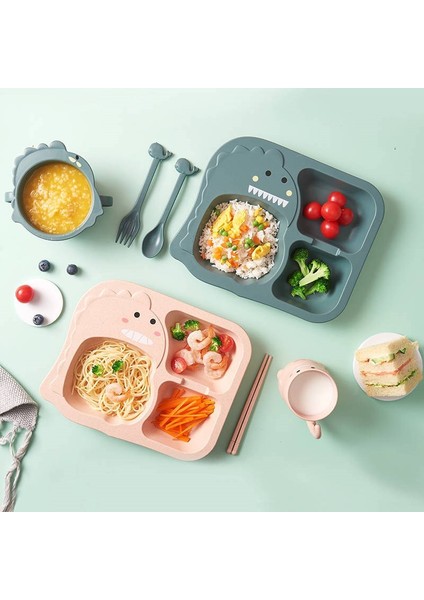 【happier】 Çocuk Yemek Takımı Karikatür Dinozor Bebek Sofra Ev Eğitim Plakası Çocuk Besleme Yemekleri Buğday Bowlcup Anti-Sıcak Buğday Samanı (Yurt Dışından) fırsatları