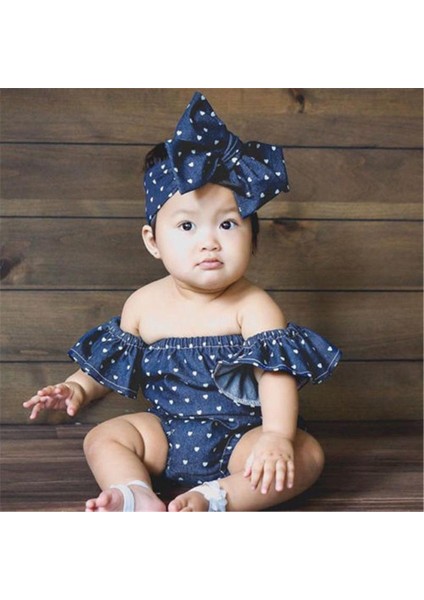 Yenidoğan Bebek Kız Denim Mavi Baskı Romper Sunsuit 2 Adet Kıyafetler Set Çocuklar Yaz Kot Tulum Tulum Tulum Giyim Seti (Yurt Dışından)
