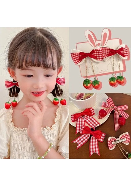Kırmızı Kiraz Kumaş Yay Saç Tokası Tatlı Kız Çift Katmanlı Dantel Çilek Yan Tokalarım Lolita Headdress (Yurt Dışından)