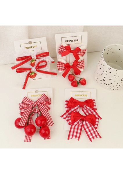 Adet Set Kırmızı Dantel Ekose Kumaş Sevimli Kawaii Yay Saç Klipleri Kız Çocuklar Için Çilek Kiraz Lolita Firkete Moda Aksesuarları (Yurt Dışından)