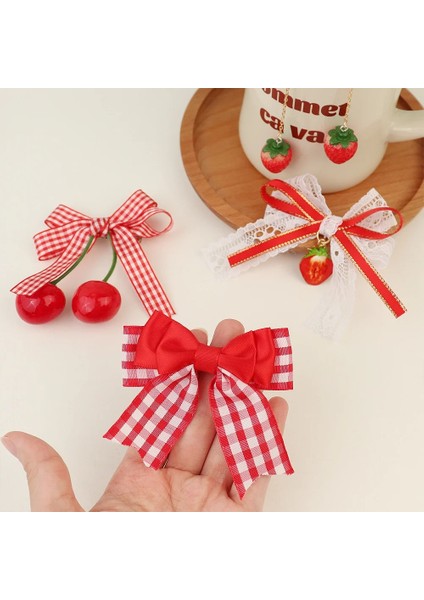 Adet Set Kırmızı Dantel Ekose Kumaş Sevimli Kawaii Yay Saç Klipleri Kız Çocuklar Için Çilek Kiraz Lolita Firkete Moda Aksesuarları (Yurt Dışından) fiyatları