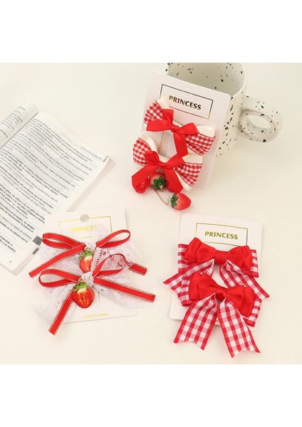 Adet Set Kırmızı Dantel Ekose Kumaş Sevimli Kawaii Yay Saç Klipleri Kız Çocuklar Için Çilek Kiraz Lolita Firkete Moda Aksesuarları (Yurt Dışından) modelleri