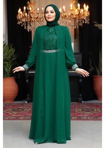 Pelerinli Yeşil Tesettür Abiye Elbise 25876Y