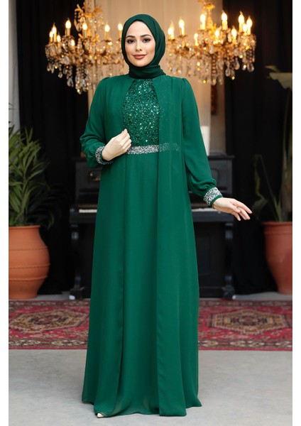 Pelerinli Yeşil Tesettür Abiye Elbise 25876Y modelleri