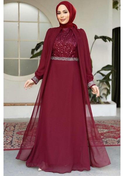 Pelerinli Bordo Tesettür Abiye Elbise 25876BR
