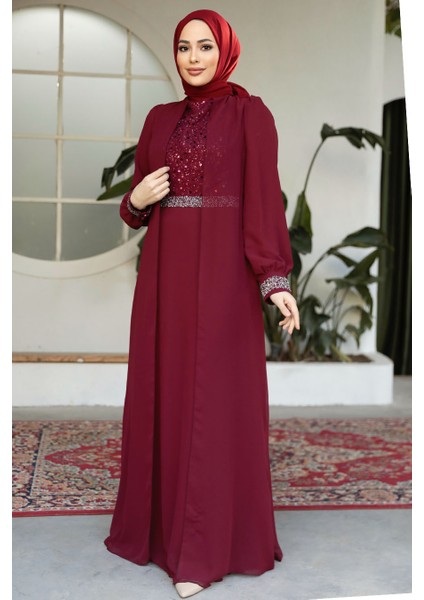 Pelerinli Bordo Tesettür Abiye Elbise 25876BR fiyatları