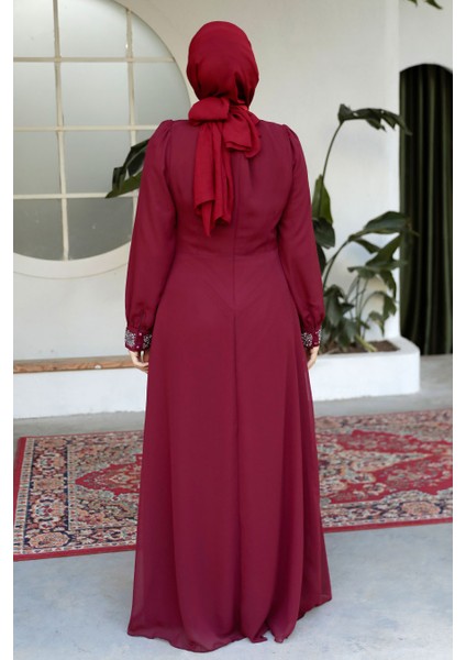 Pelerinli Bordo Tesettür Abiye Elbise 25876BR modelleri