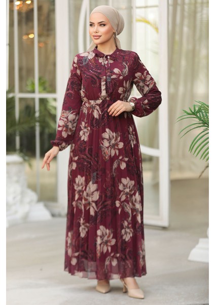 Çiçek Desenli Bordo Tesettür Elbise 50355BR