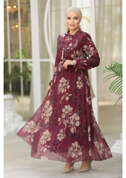 Çiçek Desenli Bordo Tesettür Elbise 50355BR fiyatları