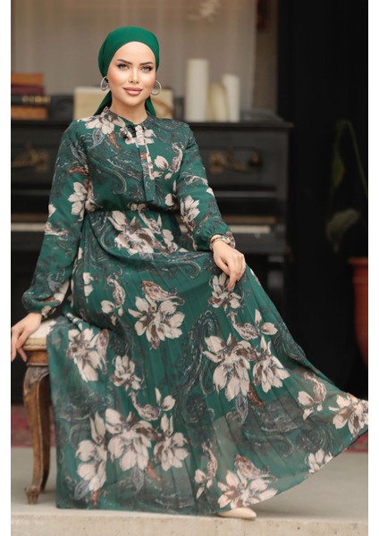 Çiçek Desenli Zümrüt Yeşili Tesettür Elbise 50355ZY