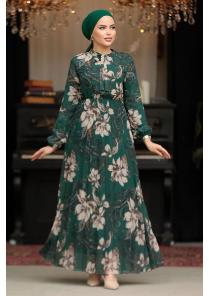 Çiçek Desenli Zümrüt Yeşili Tesettür Elbise 50355ZY fiyatları