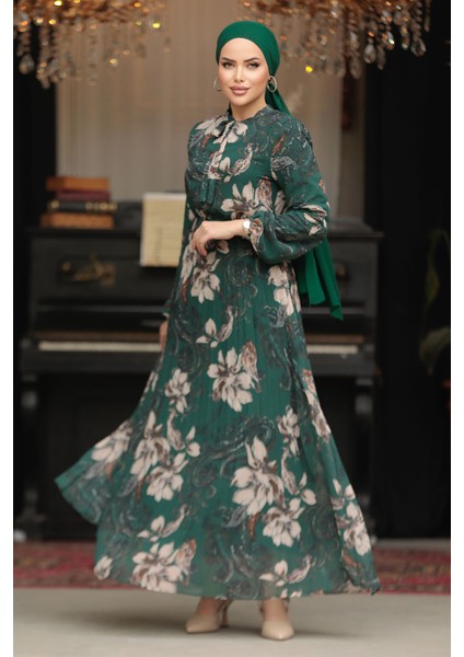 Çiçek Desenli Zümrüt Yeşili Tesettür Elbise 50355ZY modelleri