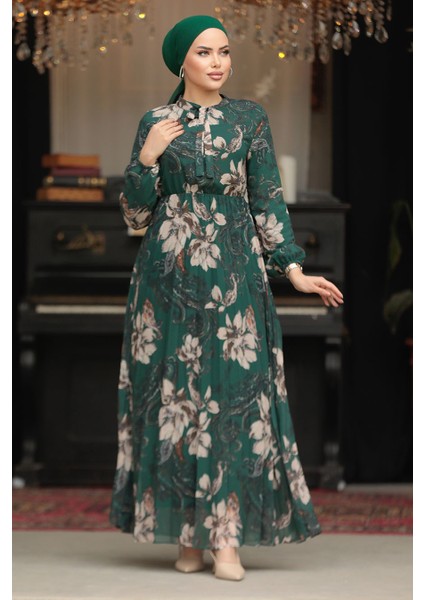Çiçek Desenli Zümrüt Yeşili Tesettür Elbise 50355ZY fırsatları