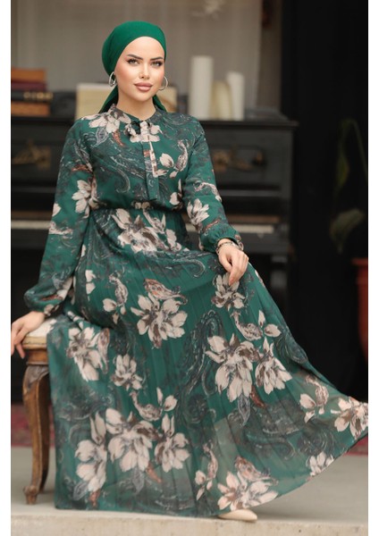 Çiçek Desenli Zümrüt Yeşili Tesettür Elbise 50355ZY indirimleri