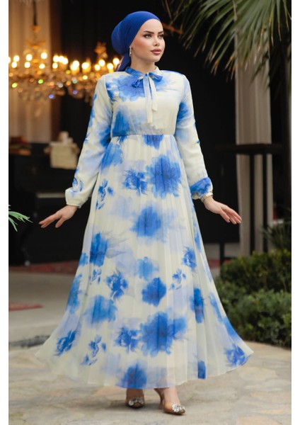 Desenli Mavi Tesettür Elbise 50356M