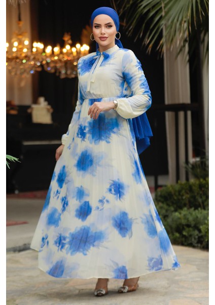 Desenli Mavi Tesettür Elbise 50356M fiyatları