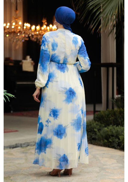 Desenli Mavi Tesettür Elbise 50356M modelleri