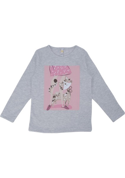 Kız Çocuk Kedi Baskılı Kare Detay Sweat Uzun Kol