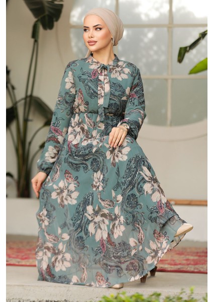 Çiçek Desenli Çağla Yeşili Tesettür Elbise 50355CY