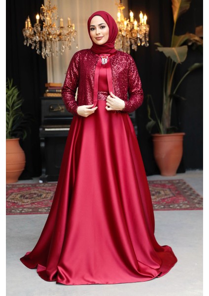 Ceket Detaylı Bordo Tesettür Saten Abiye Elbise 25881BR