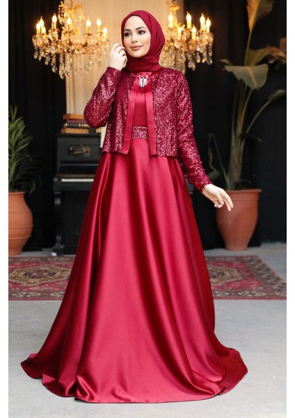 Ceket Detaylı Bordo Tesettür Saten Abiye Elbise 25881BR